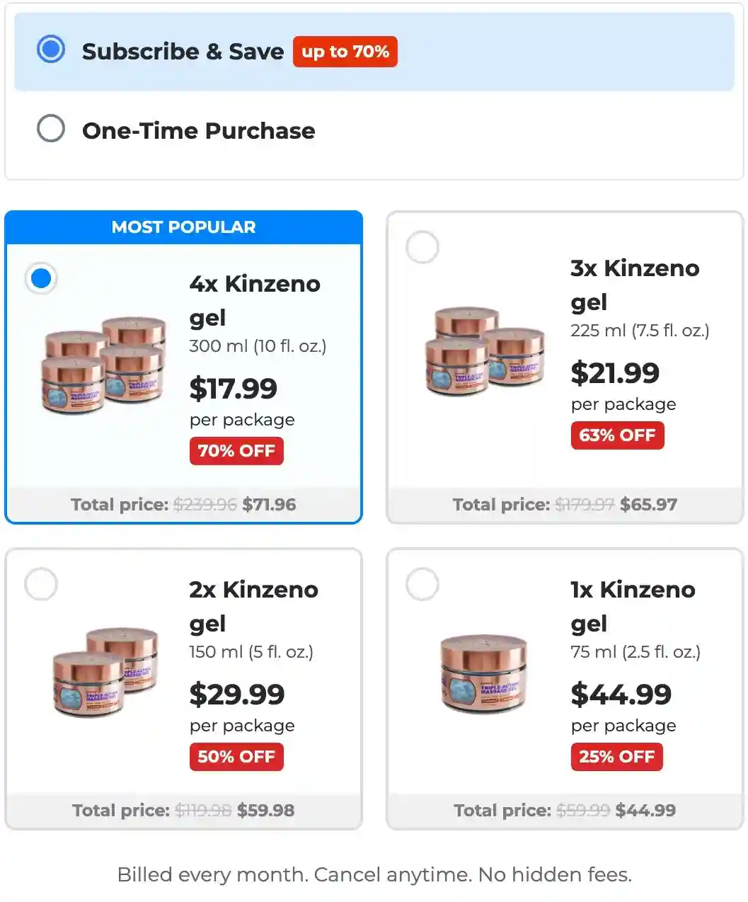 Kinzeno Pricing — 1, 3 or 6 Gel Packages